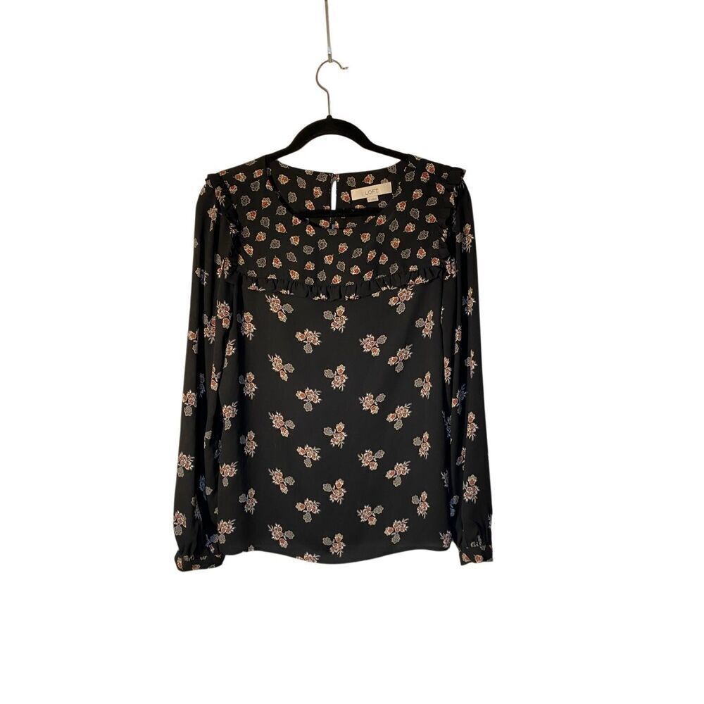 Loft women’s Ruffle trim black casual long sleeve, blouse, size medium